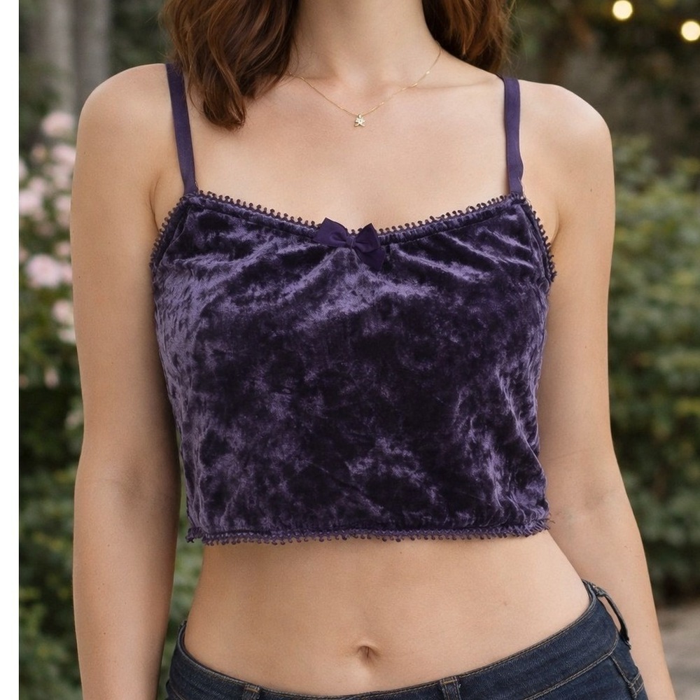 Purple Crushed Velvet Cropped Cami Top with Bow and Picot Trim
